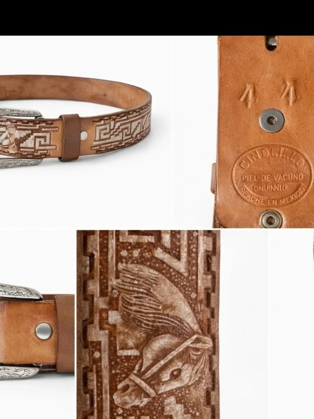 Vintage Western Leather Belt Cinto Piteado Horse Aztec Genuine Cowhide Mexico 44